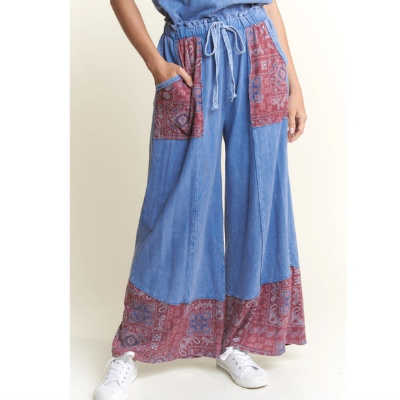 🌟 “The Odessa" Denim Blue Mineral Wash Paisley Boho Pants - Picture 1 of 3
